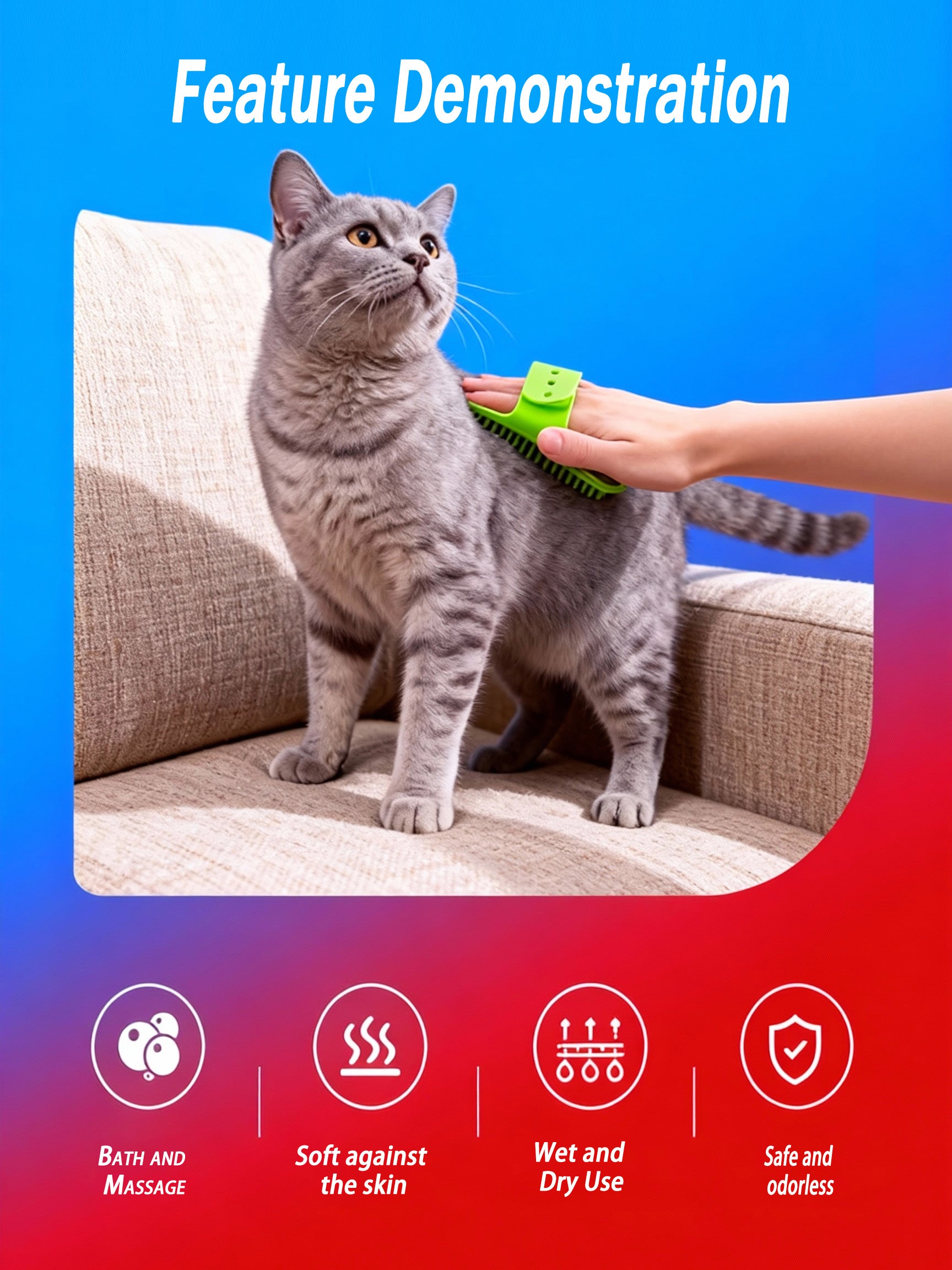 Cat Scratching Tickle Combing Toy  Soft Environmentally Friendly Silicone, Bath Massage, Gentle Hair