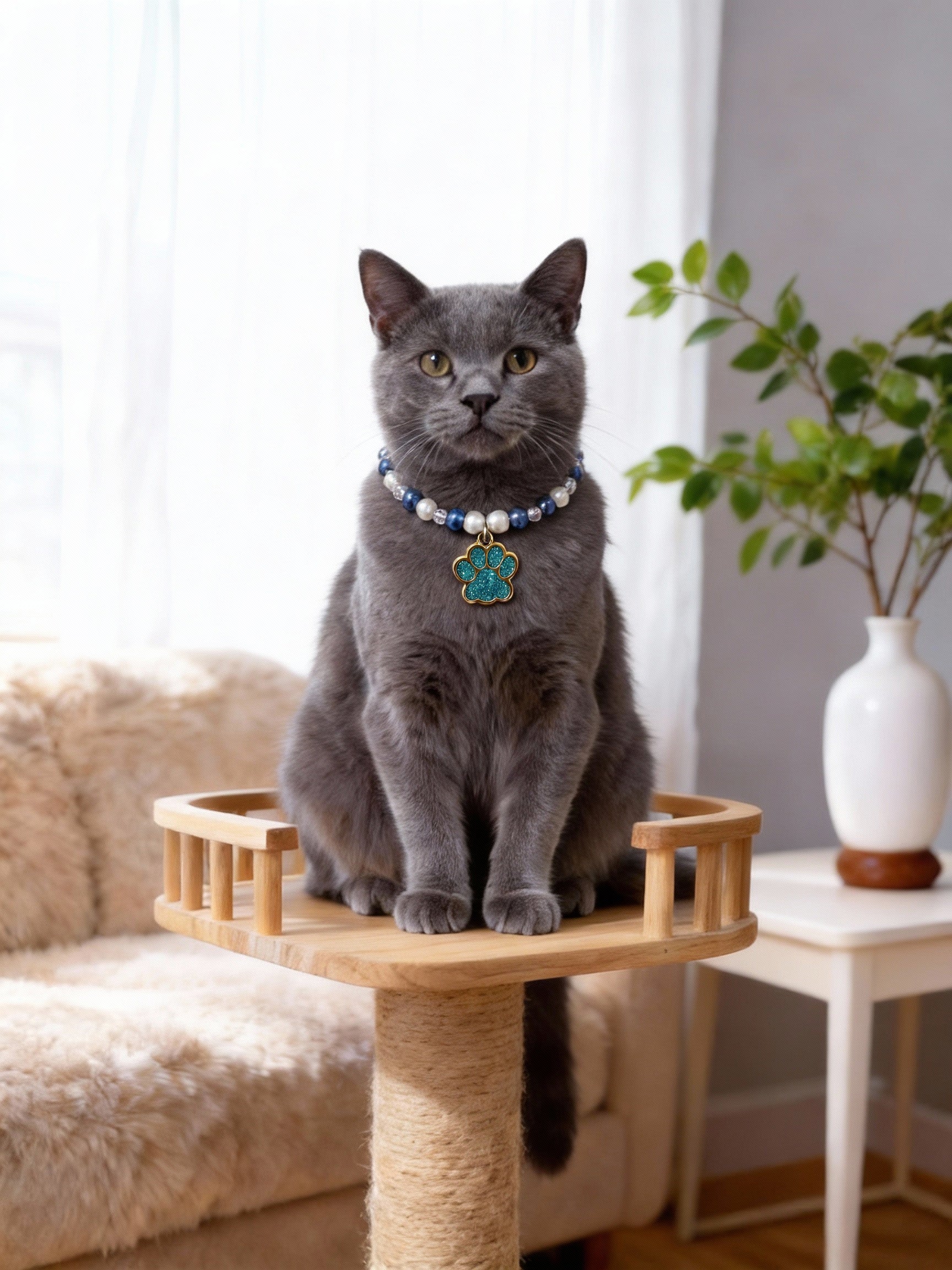 Cat Pearl Necklace  Paw Print Pendant Design Fashion Pet Jewelry